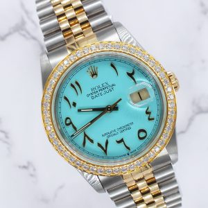 Men's Steel & Gold Rolex Datejust 16233, Tiffany Blue Arabic Dial and Bezel. Box and Papers.