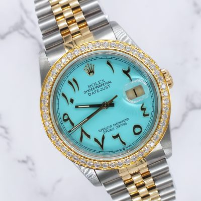 Men's Steel & Gold Rolex Datejust 16233, Tiffany Blue Arabic Dial and Bezel. Box and Papers.