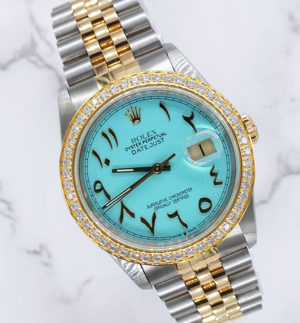 Men's Steel & Gold Rolex Datejust 16233, Tiffany Blue Arabic Dial and Bezel. Box and Papers.