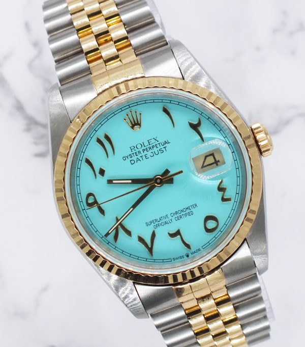 Gents Steel & Gold Rolex Datejust with Tiffany Blue Arabic Dial - Box & Papers.
