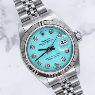 Ladies Rolex Datejust 26mm in Steel and Gold - Tiffany Blue Diamond Dial – Box & Papers.