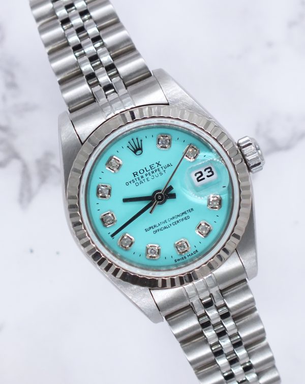 Ladies Rolex Datejust 26mm in Steel and Gold - Tiffany Blue Diamond Dial – Box & Papers.