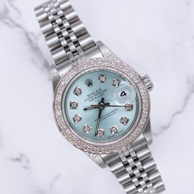 Ladies Steel & White Gold Rolex Datejust - ICE BLUE Diamond Dial & Bezel. Box and Papers