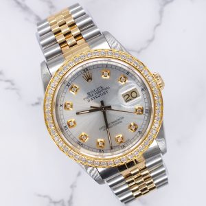 MINT! Mens Rolex Datejust - Silver Diamond Dial & Diamond Bezel - Box & Papers