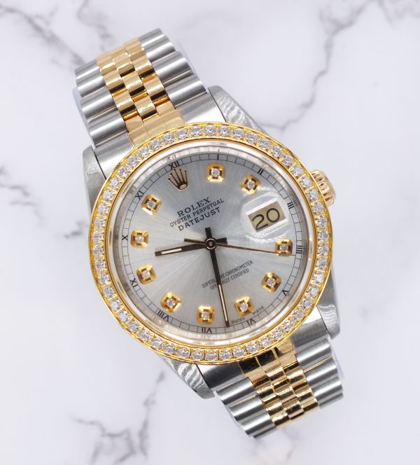 MINT! Mens Rolex Datejust - Silver Diamond Dial & Diamond Bezel - Box & Papers