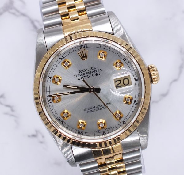 Mens Rolex Oyster Perpetual Datejust - Silver Diamond Dial - Box / Papers.