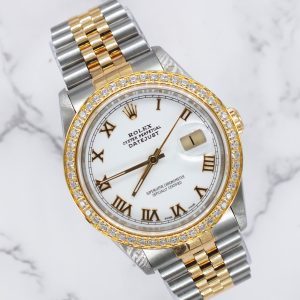 Gents Steel & 18k Gold Rolex Datejust with Roman Numeral Dial / Diamond Bezel.