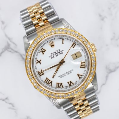 Gents Steel & 18k Gold Rolex Datejust with Roman Numeral Dial / Diamond Bezel.