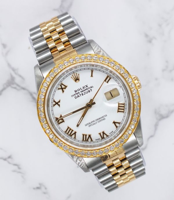 Gents Steel & 18k Gold Rolex Datejust with Roman Numeral Dial / Diamond Bezel.