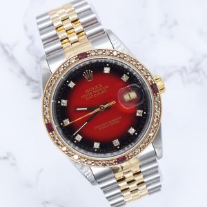 Gents Steel & Gold Rolex Datejust with RED Diamond Dial & Diamond / Ruby Bezel.