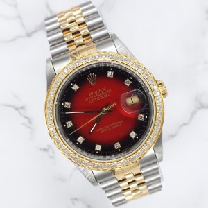 Mens Rolex Datejust - Factory RED Diamond Dial & Diamond Bezel - Box & Papers