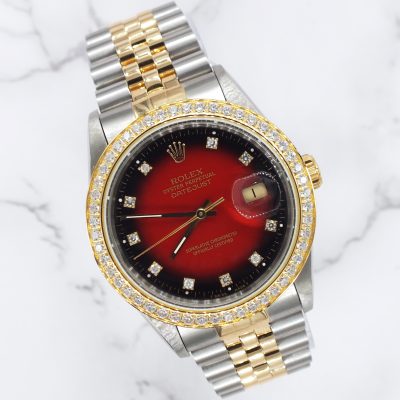 Mens Rolex Datejust - Factory RED Diamond Dial & Diamond Bezel - Box & Papers