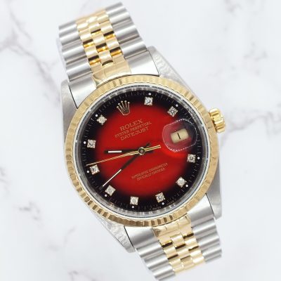 Gents Rolex Datejust in Steel & Gold - Factory Red Vignette Diamond Dial - Box and Papers.