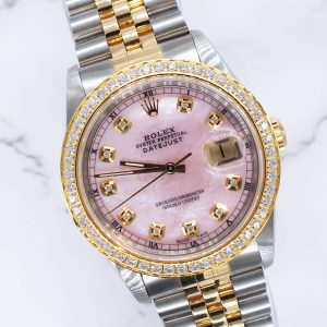 Gents Steel & Gold Rolex Datejust 16233, Pink MOP Diamond Dial with Box & Papers.