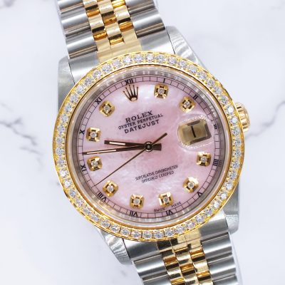 Gents Steel & Gold Rolex Datejust 16233, Pink MOP Diamond Dial with Box & Papers.