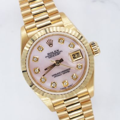 MINT Ladies 18ct Gold Rolex Datejust - PINK MOP Diamond Dial - Box & Papers