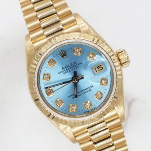Stunning 18ct Gold Ladies Rolex Datejust - Blue Diamond Dial - Box and Papers.