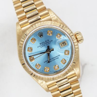 Stunning 18ct Gold Ladies Rolex Datejust - Blue Diamond Dial - Box and Papers.