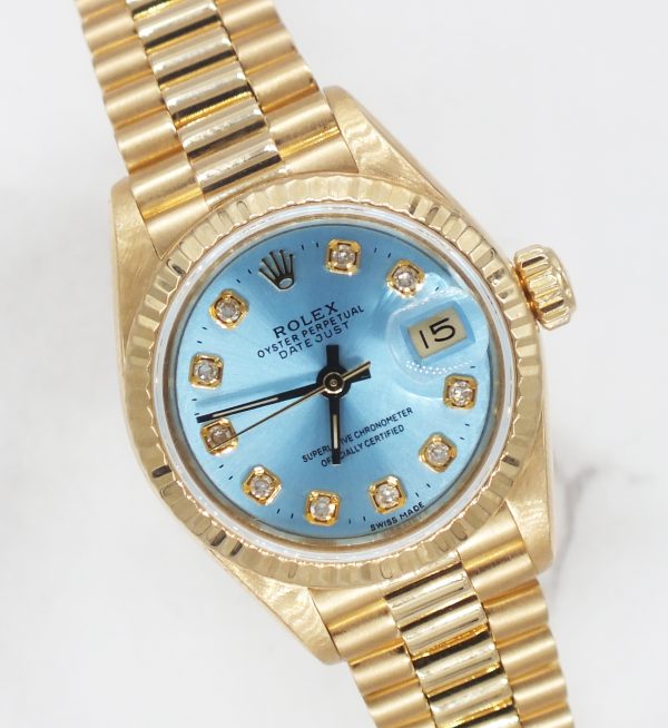 Stunning 18ct Gold Ladies Rolex Datejust - Blue Diamond Dial - Box and Papers.