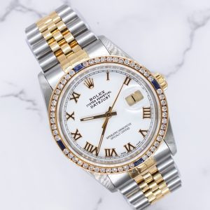 Stunning Gents Steel & 18k Gold Rolex Datejust with Roman Dial & Diamond Bezel.