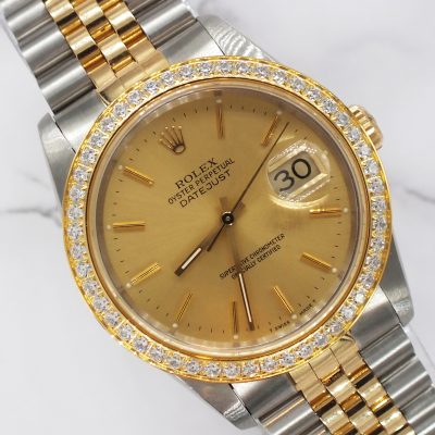 Mens Rolex Datejust in Steel & 18ct Gold with Diamond Bezel - Rolex Box & Papers