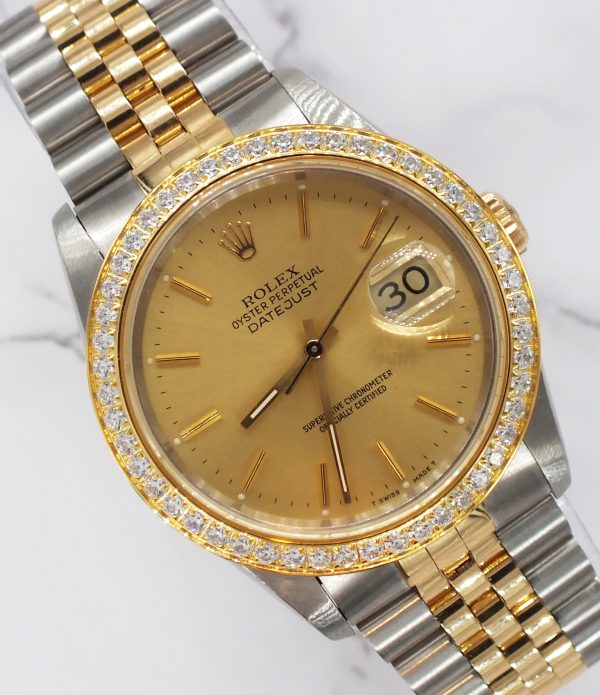 Mens Rolex Datejust in Steel & 18ct Gold with Diamond Bezel - Rolex Box & Papers