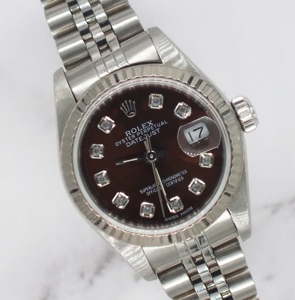 Ladies Steel & White Gold Rolex Datejust with Chocolate Diamond Dial Box / Paper