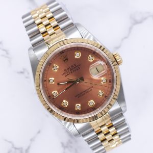 Gents Rolex Datejust in Steel & Gold with Salmon Diamond Dial - Box and Papers