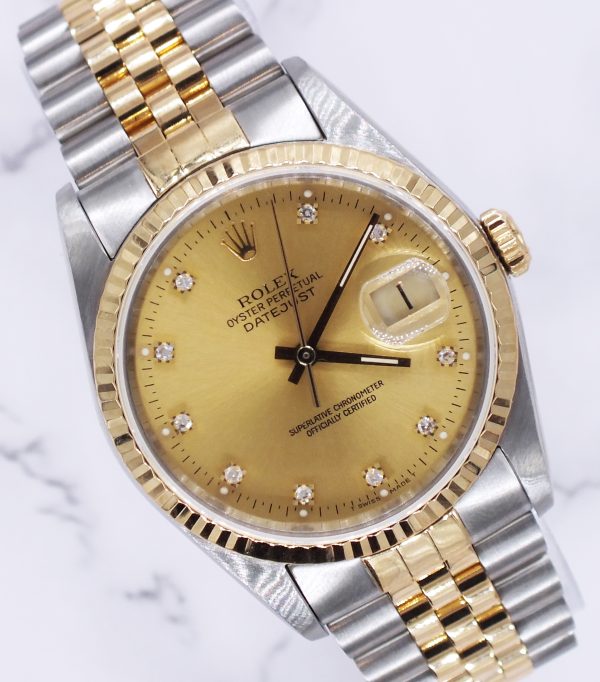 Gents Rolex Datejust in Steel & Gold with Factory Diamond Dial - Box / Papers.