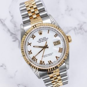 Gents Steel & 18k Gold Rolex Datejust with White Roman Numeral Dial, Box & Paper