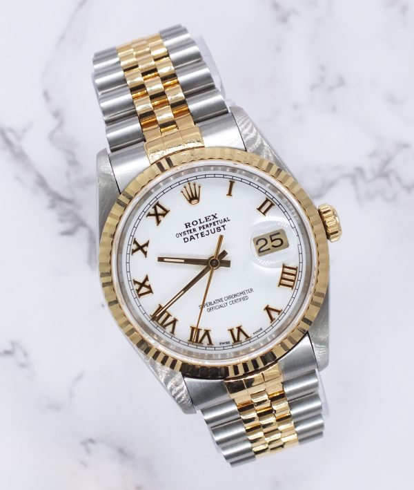 Gents Steel & 18k Gold Rolex Datejust with White Roman Numeral Dial, Box & Paper