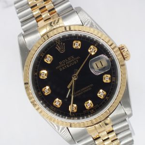 Gents Steel & Gold Rolex Datejust 16233 Black Diamond Dial with Box and Papers.