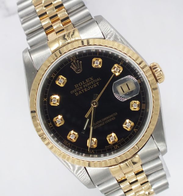 Gents Steel & Gold Rolex Datejust 16233 Black Diamond Dial with Box and Papers.