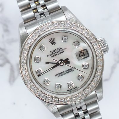 Ladies Steel & White Gold Rolex Datejust - White MOP Diamond Dial & Bezel. Box & Papers.