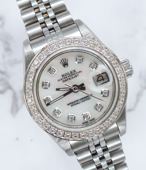 Ladies Steel & White Gold Rolex Datejust - White MOP Diamond Dial & Bezel. Box & Papers.