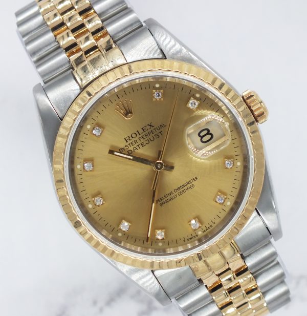 Gents Steel & Gold Rolex Datejust with Factory Diamond Dial - Box and Paper
