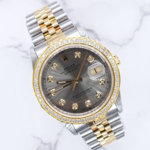 Gents Rolex Datejust with Grey Diamond Dial & Diamond & Bezel - Box & Papers.