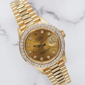Ladies Solid 18ct Yellow Gold Rolex Datejust with Factory Diamond Dial & Bezel.