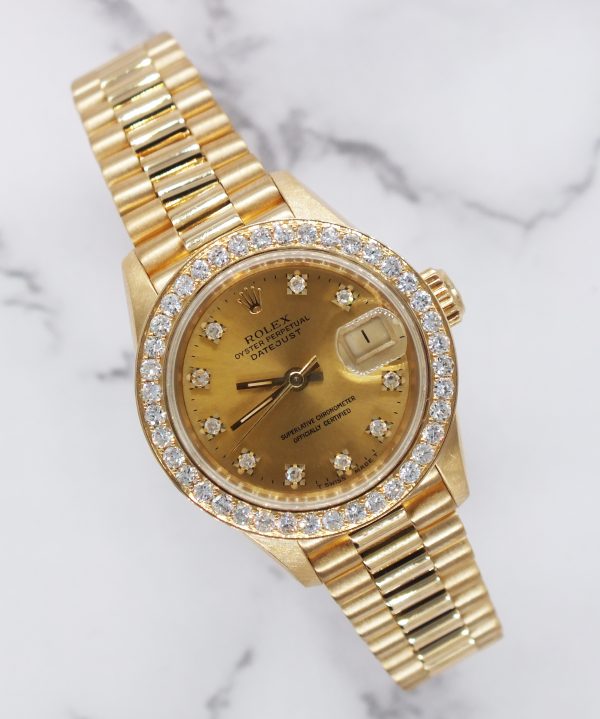 Ladies Solid 18ct Yellow Gold Rolex Datejust with Factory Diamond Dial & Bezel.