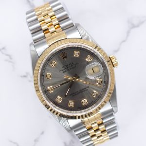 Mens Steel & Gold Rolex Datejust 36mm Slate Grey Diamond Dial - Box & Papers.