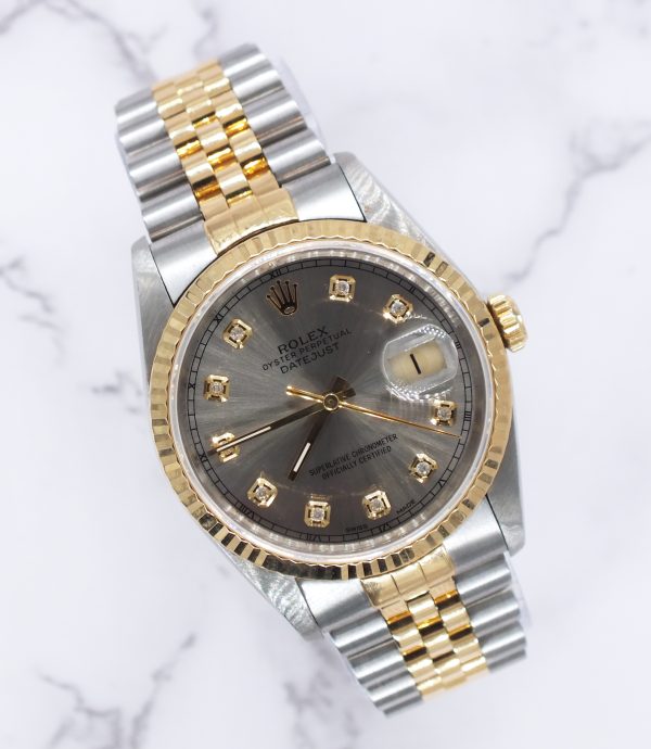 Mens Steel & Gold Rolex Datejust 36mm Slate Grey Diamond Dial - Box & Papers.