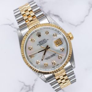 Mens Rolex Datejust in Steel & Gold with White MOP Diamond Dial - Box / Papers.