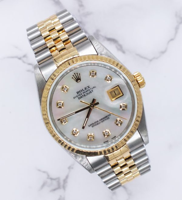 Mens Rolex Datejust in Steel & Gold with White MOP Diamond Dial - Box / Papers.