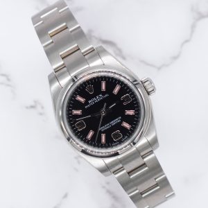 Ladies Rolex Oyster Perpetual 176200 Black & Pink Dial with Box & 2012 Card.