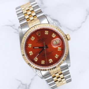 Mens Rolex Datejust 16233 with Sunburst Orange Diamond Dial - Box and Papers.