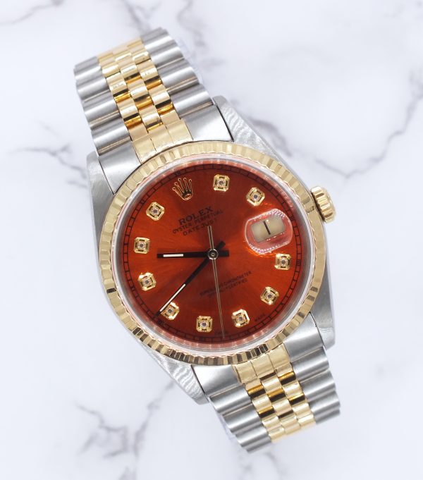 Mens Rolex Datejust 16233 with Sunburst Orange Diamond Dial - Box and Papers.