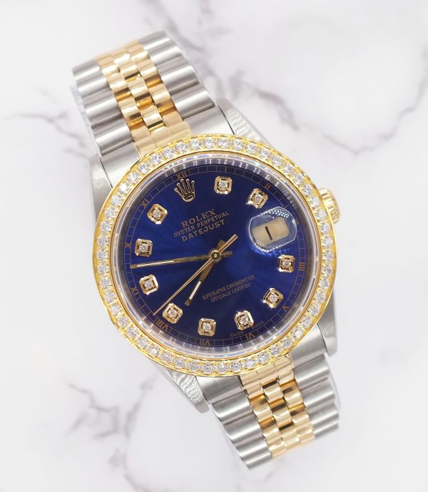 Beautiful Mens Rolex Datejust 16233 with Blue Diamond Dial - Box and Papers.