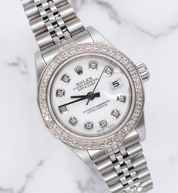 Ladies Rolex Datejust in Steel & White Gold - WHITE Diamond Dial & Bezel. Box and Papers.