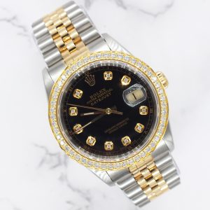 Gents Steel & Gold Rolex Datejust 16233 Black Diamond Dial & Bezel - Box & Paper