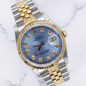 Gents Steel & Gold Rolex Datejust 16233 Sky Blue Diamond Dial with Box & Papers.